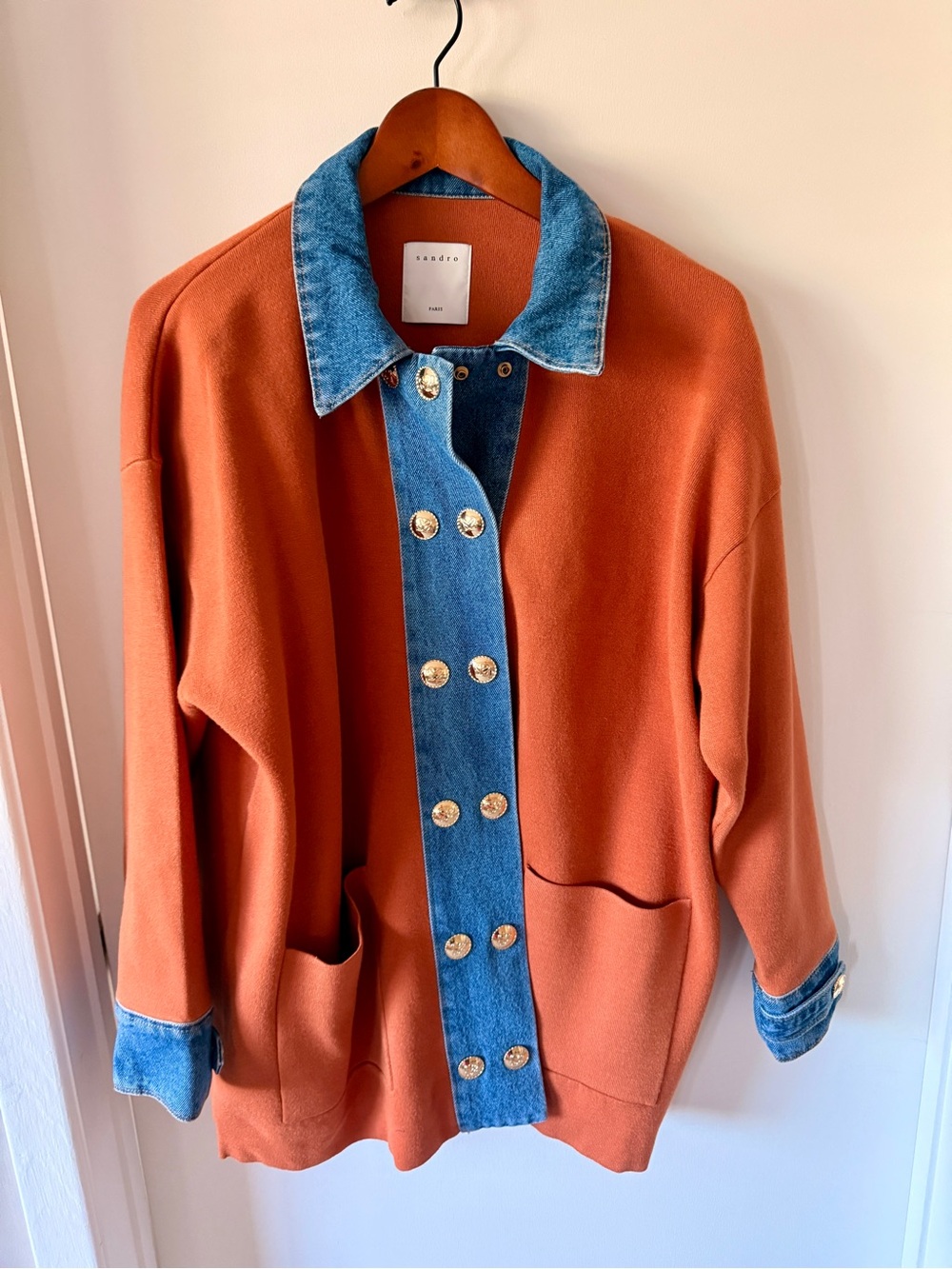 Sandro Paris | Rust Knit Jacket with Denim Trim & Gold Buttons | Size 2
